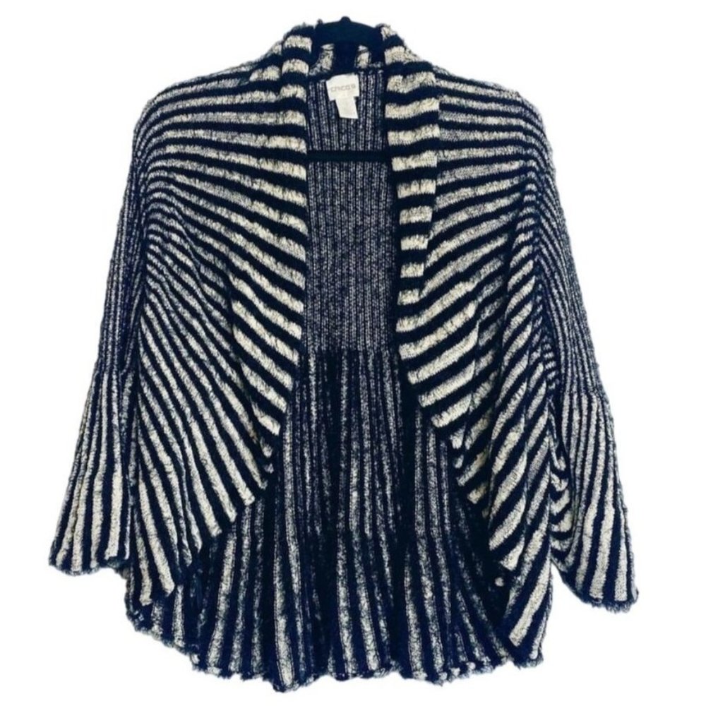 Chico's Black/Cream Retro Striped Trumpet Sleeve Fuzzy Open Cardigan Size MEDIUM